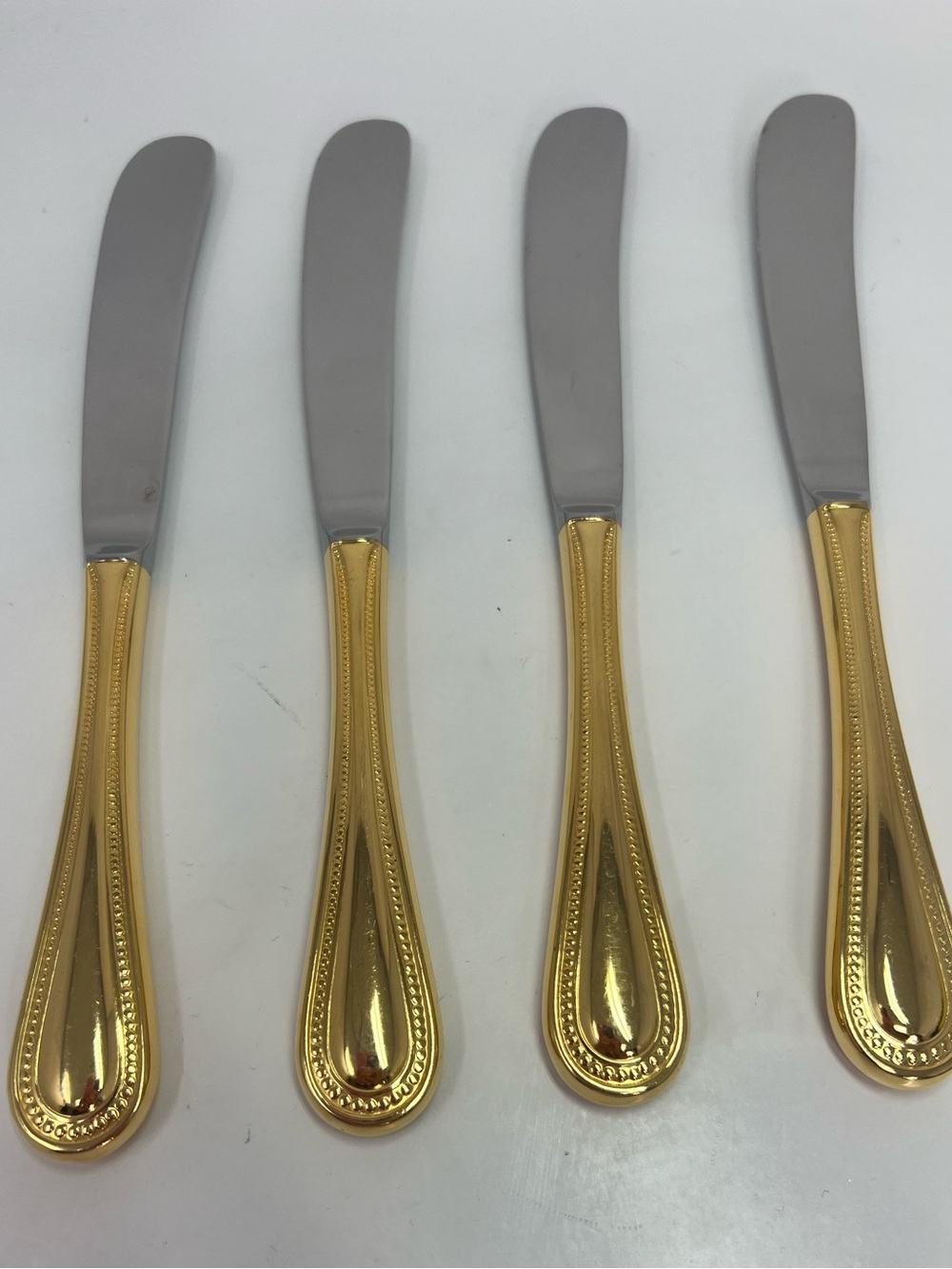 Towle Gold Beaded Antique Dinner Place Knives Set 4 Gold Handle Stainless Japan